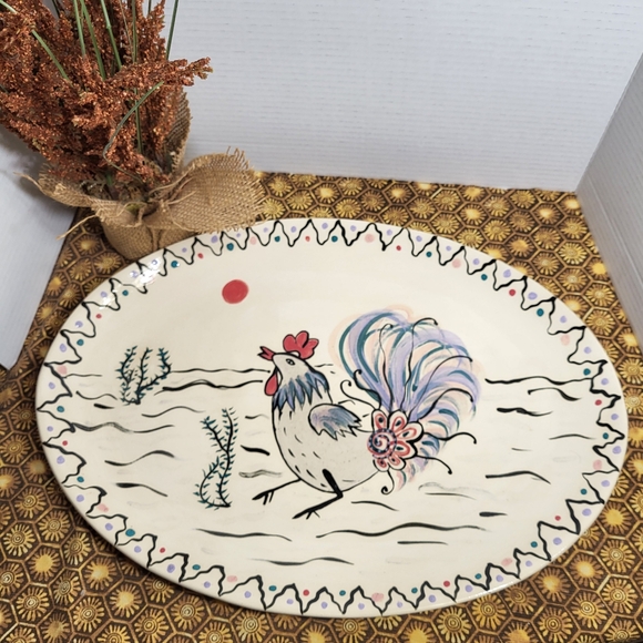 Hand Painted Oval Art Pottery Serving Platter Rooster - Picture 2 of 15
